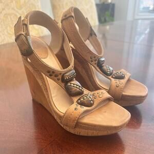 FRYE Bridget Ornament Brown Leather Women Wedges Shoes Sandals Sz 8.5M